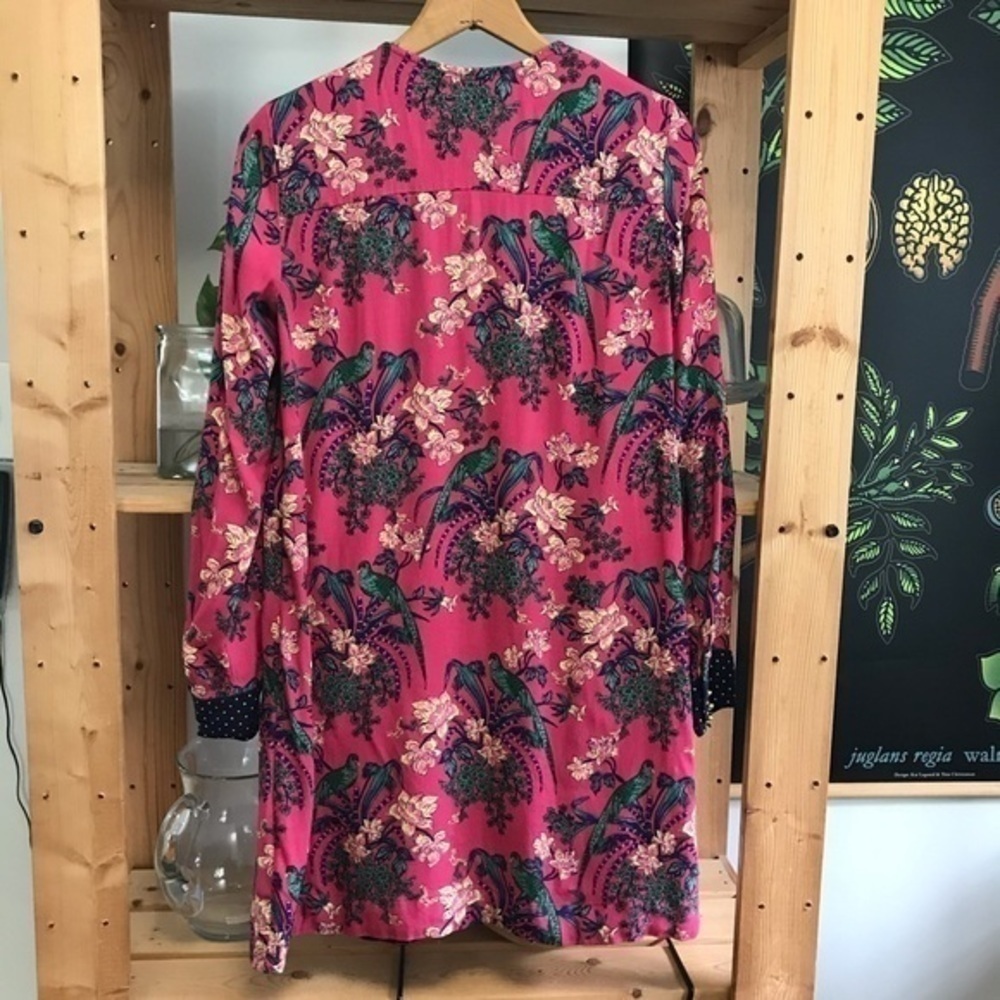 Anthropologie Maeve Pink Navy Blue Floral Bird Print Long Sleeve Tunic Dress 4 - Picture 4 of 13